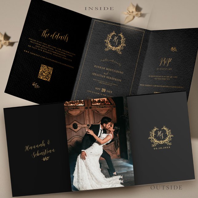 Black Gold Photo QR Code RSVP Details Wedding Tri-Fold Card (Creator Uploaded)
