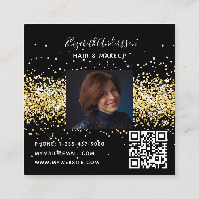 Black gold photo qr code square business card (Back)