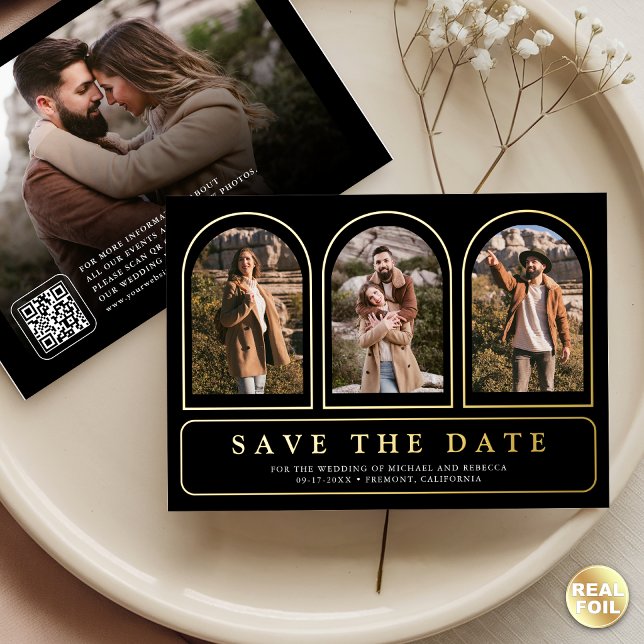 Black Gold Photo QR Code Wedding Save the Date Foil Invitation (Creator Uploaded)
