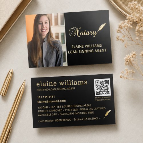 Black Gold Photo QR Notary Loan Signing Agent   Foil Business Cards