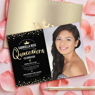 Black Gold Photo Quinceañera Glitter Tiara Girly Invitation