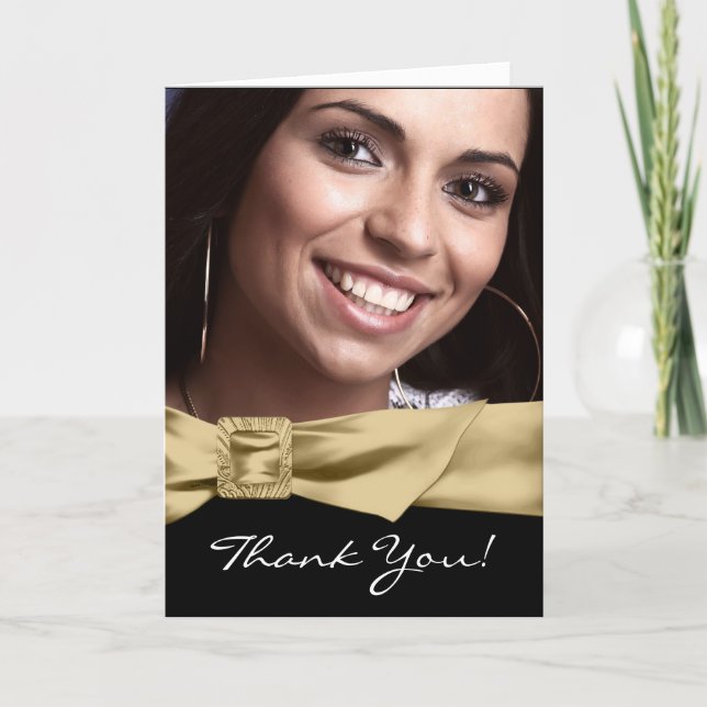 Black Gold Photo Quinceanera Thank You Cards (Front)