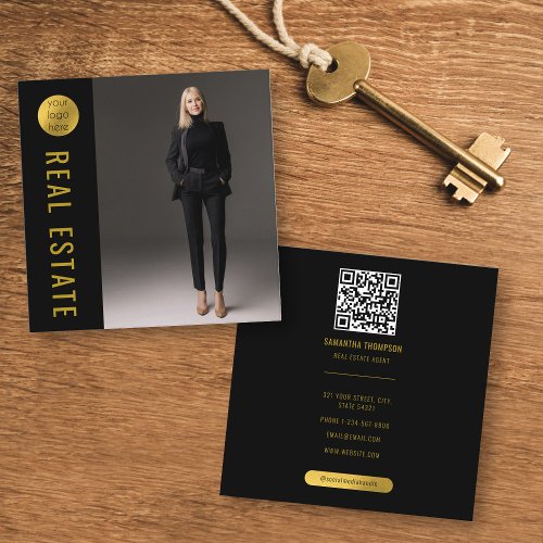 Black  Gold Photo Real Estate Agent QR Code Square Business Card