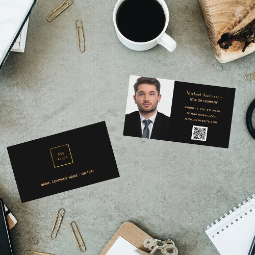 Black gold photo simple elegant QR code Business Card
