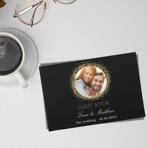 Black gold photo sparkles elegant wedding guest book