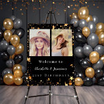 Black gold photo stars 2 persons birthday welcome foam board<br><div class="desc">A photo welcome sign for 2 persons,  friends,  sisters,  twins.  A black background,  decorated with faux gold stars. Personalize and add 2 photos,  names and date(s)</div>