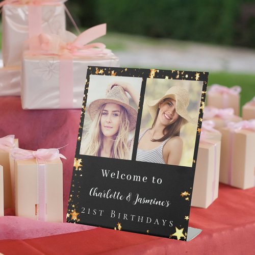 Black gold photo stars 2 persons birthday welcome pedestal sign