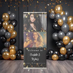 Black gold photo stars 2 persons birthday welcome retractable banner<br><div class="desc">A photo welcome sign for 2 persons,  friends,  sisters,  twins.  A black background,  decorated with faux gold stars overlays.  Personalize and add 2 photos,  names and date(s)</div>