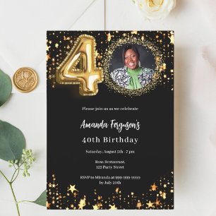 Black gold photo stars 40th luxury birthday invitation