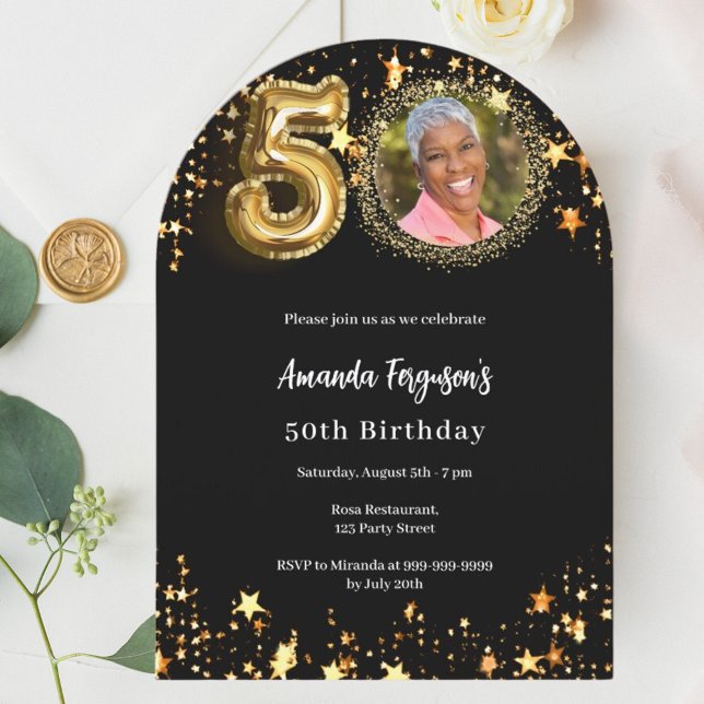 Black gold photo stars 50th birthday arch invitation (Creator Uploaded)