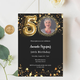 Black gold photo stars 50th luxury birthday invitation