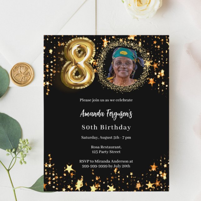 Black gold photo stars 80th birthday invitation (Creator Uploaded)