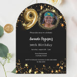 Black gold photo stars 90th birthday arch invitation<br><div class="desc">A modern,  stylish photo invitation for a 90th birthday party.  A classic black background,  decorated with golden stars. Personalize and add your party details.</div>