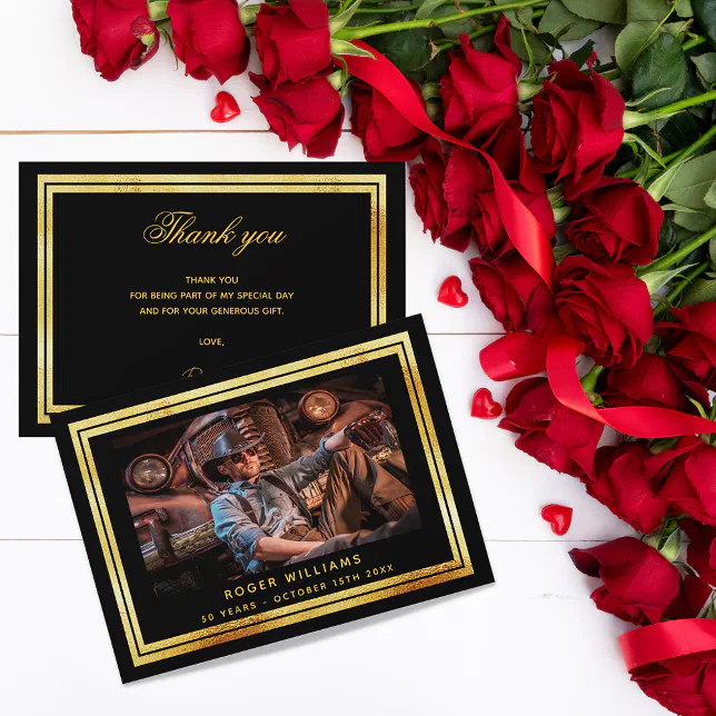 Black gold photo thank you card | Zazzle