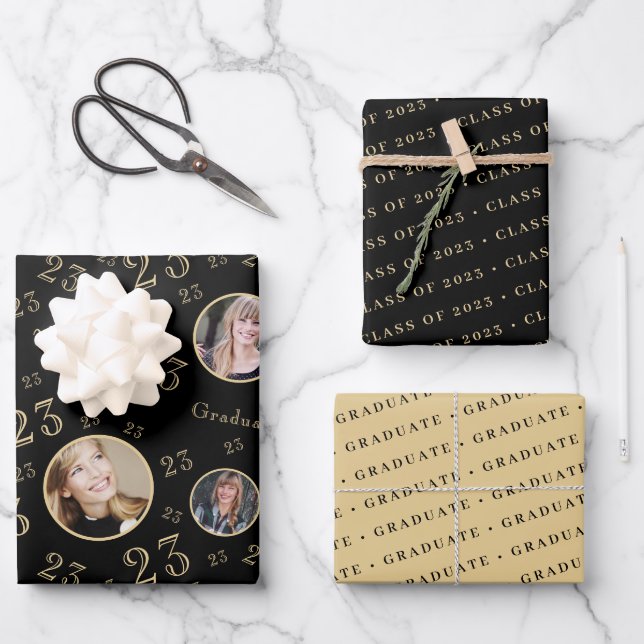 Black Gold Photo Typography Class of 2023 Wrapping Paper Sheets (Front)