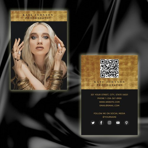 Black Gold Photographer QR Code Social Media  Business Card