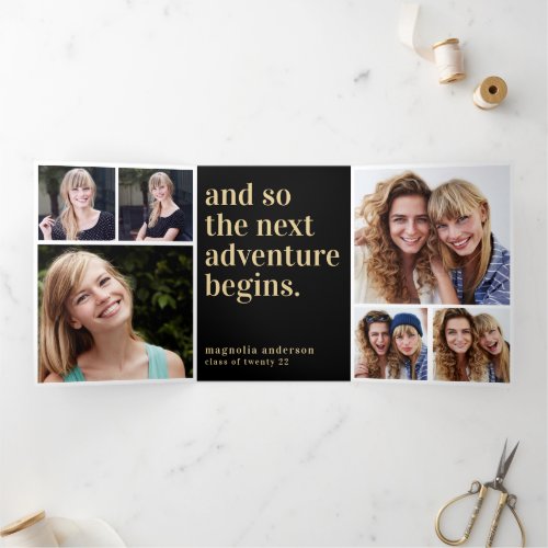 Black Gold Photos Graduation Party Next Adventure Tri_Fold Invitation