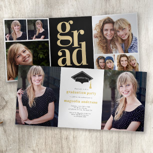 Black Gold Photos Graduation Party Tri-Fold Invitation