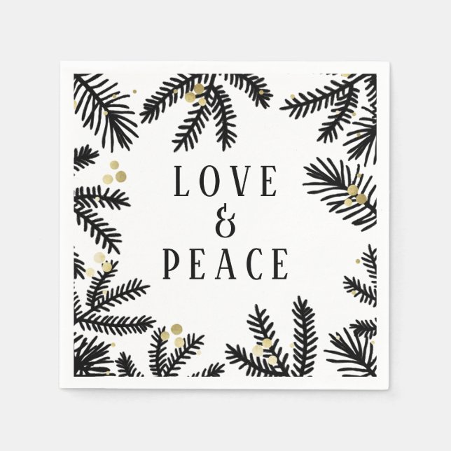 Black & Gold Pine and Berries Holiday Napkins (Front)