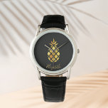 Black gold pineapple name script elegant watch<br><div class="desc">Elegant,  modern faux gold pineapple on a chic black background. Template for your name,  golden curved letters.  The name is written with a trendy hand lettered style script.</div>