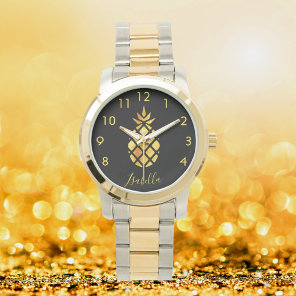 Black gold pineapple name script elegant watch