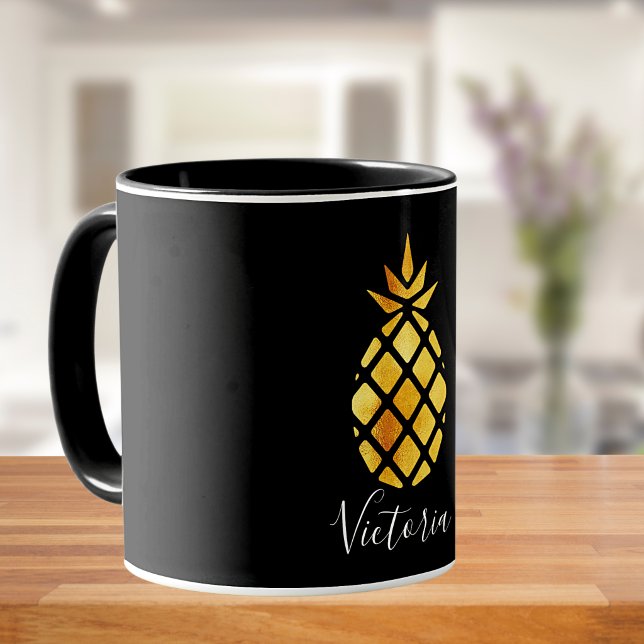 Black gold pineapple name script mug