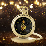 Black gold pineapple name script pocket watch<br><div class="desc">Elegant,  modern faux gold pineapple on a chic black background. Minimalistic. Template for your name,  golden curved letters.  The name is written with a trendy hand lettered style script. Golden numbers from 8 to 4.</div>