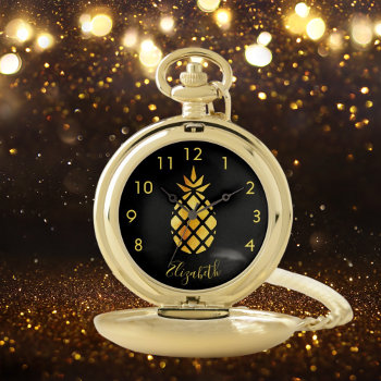 Black Gold Pineapple Name Script Pocket Watch by Thunes at Zazzle