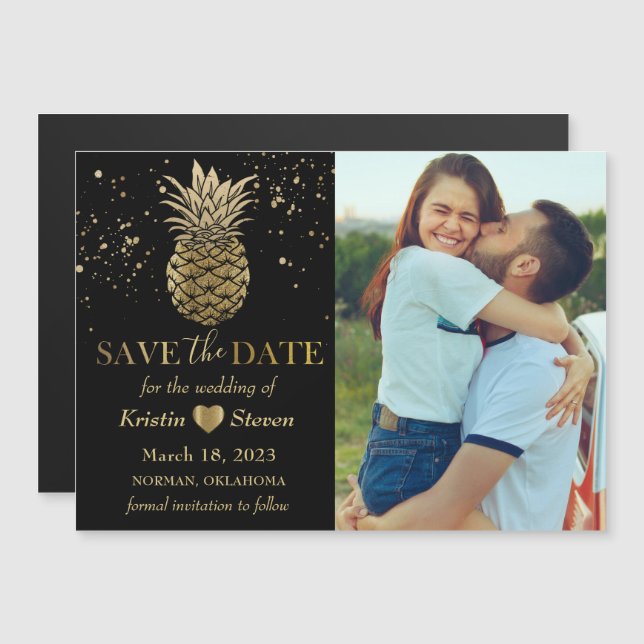 Black Gold Pineapple Photo Save the Date Magnet (Front/Back)