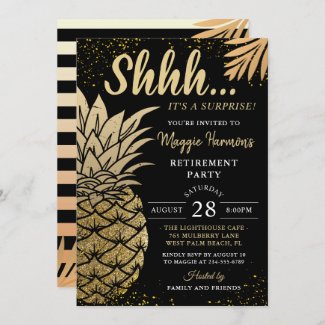 Black Gold Pineapple Surprise Retirement Party Invitation