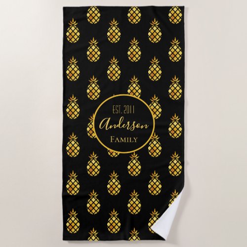 Black gold pineapples family name beach towel