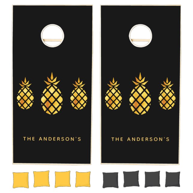 Black gold pineapples family name cornhole set (Set)