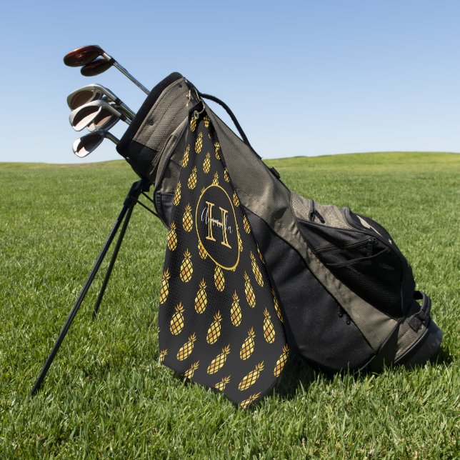 Black gold pineapples name monogram family golf towel (Green)