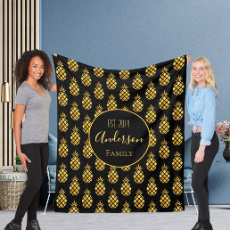 Black gold pineapples pattern family name fleece blanket
