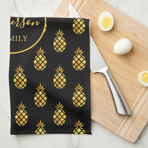 Black gold pineapples pattern family name kitchen towel