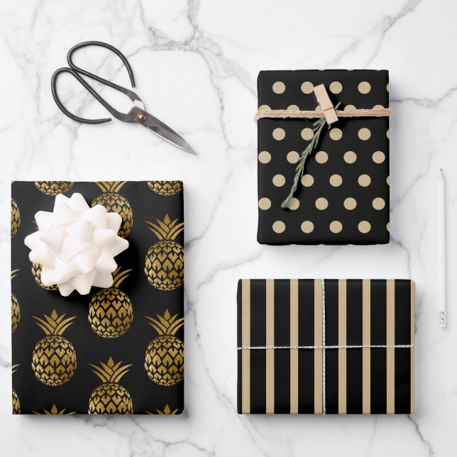 Black Gold Pineapples Polka Dots Stripes Solid  Wrapping Paper Sheets (Front)