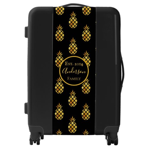 Black gold pineapples tropical pattern family name luggage