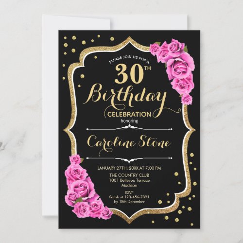 Black Gold Pink 30th Birthday Invitation