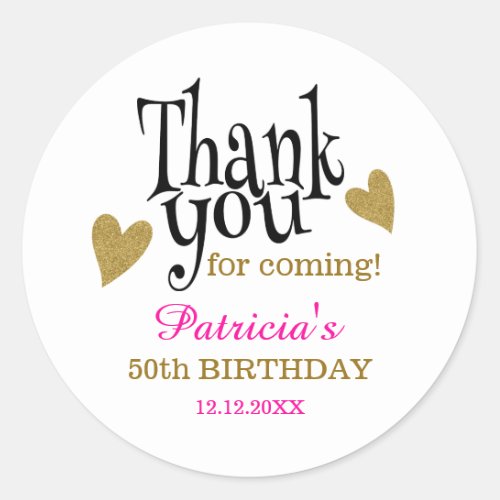 Black Gold Pink 50th Birthday Thank You Favor  Classic Round Sticker