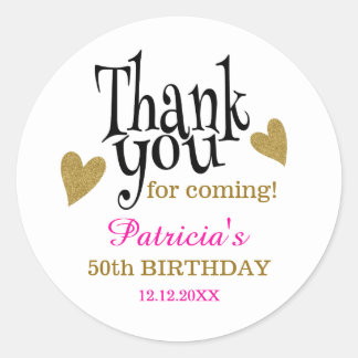 Black Gold Pink 50th Birthday Thank You Favor  Classic Round Sticker