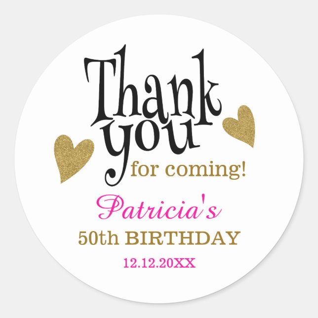 Black Gold Pink 50th Birthday Thank You Favor  Classic Round Sticker (Front)