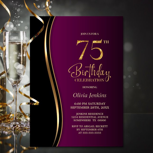 Black Gold Pink 75th Birthday Party Invitation (Creator Uploaded)