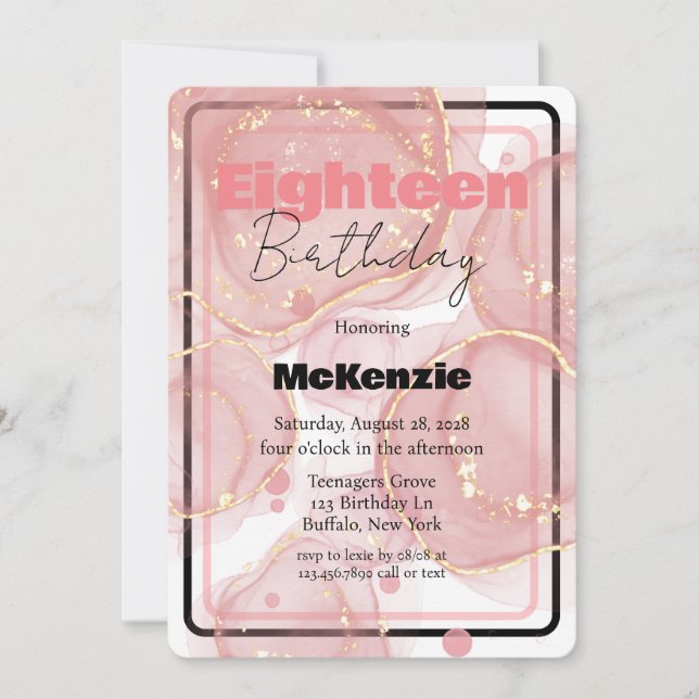 Black Gold Pink Alcohol Ink 18th Birthday Party Invitation (Front)