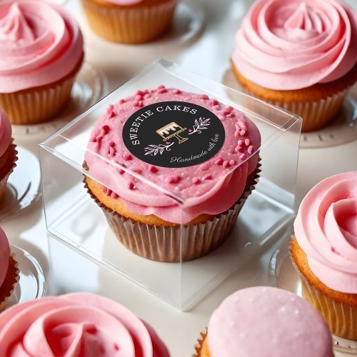  Black Gold  Pink Bakery Business Cake and Floral Classic Round Sticker