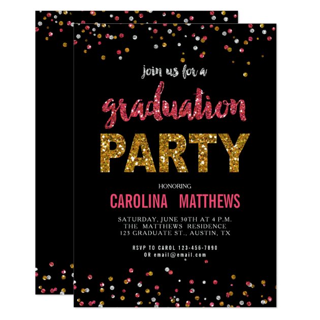 Black Gold Pink Confetti Graduation Party Invite