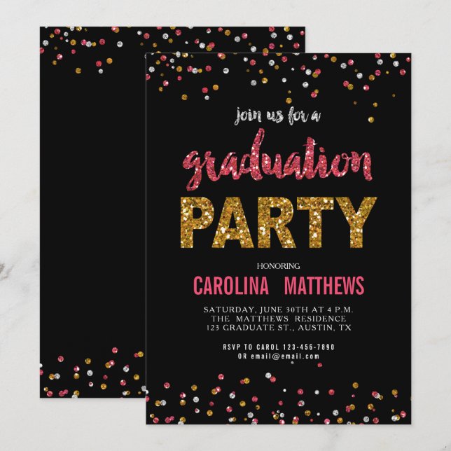 Black Gold Pink Confetti Graduation Party Invite (Front/Back)