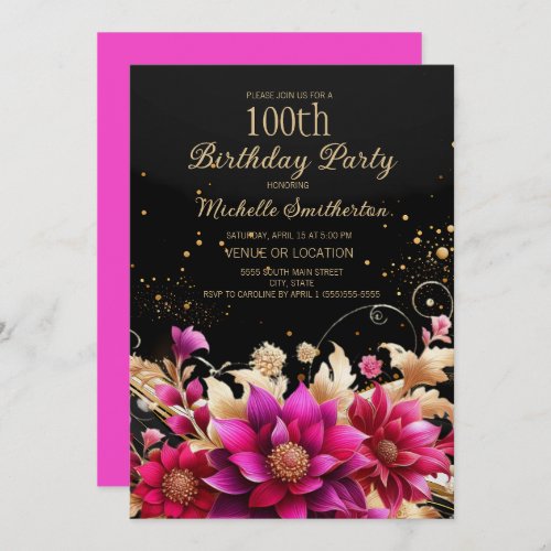 Black Gold Pink Floral 100th Birthday Party Invitation