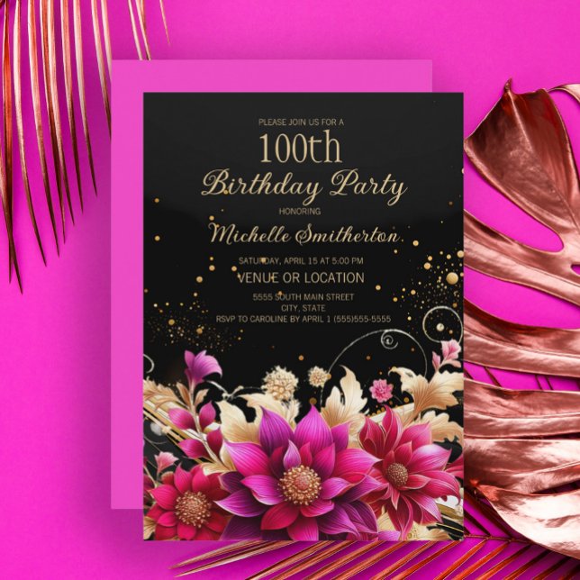 Black Gold Pink Floral 100th Birthday Party Invitation (Black, hot pink, and gold floral 100th birthday party invitation)