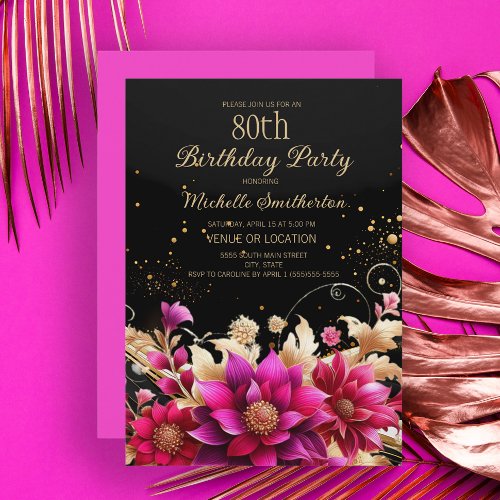 Black Gold Pink Floral 80th Birthday Party Invitation