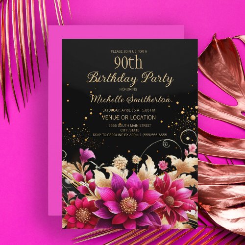 Black Gold Pink Floral 90th Birthday Party Invitation